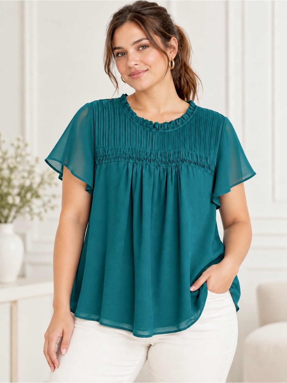 Torrid Chiffon Blouse Smocked Pintuck Flutter Short Sleeve Textured Ruffle Neck